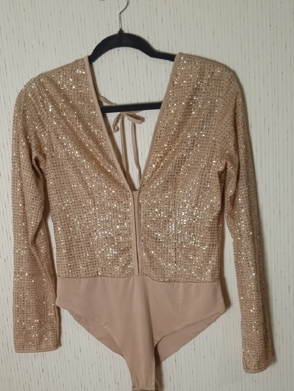WYLDR Sequin Plunge Bodysuit in Nude Champagne, Holidays, Vacation, Dances,